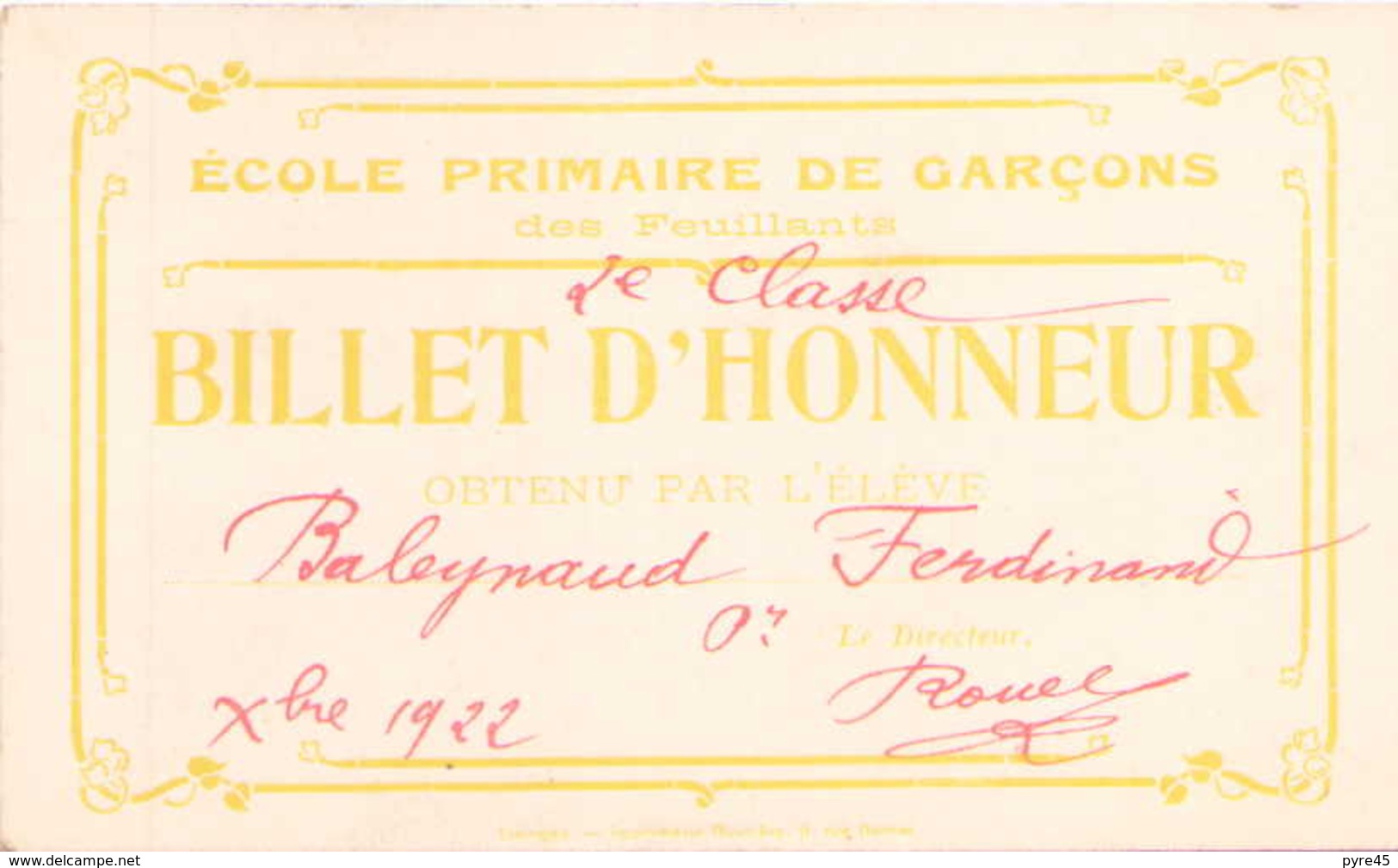 Billet D'honneur école Primaire De Garçons Des Feuillants 1922 - Zonder Classificatie