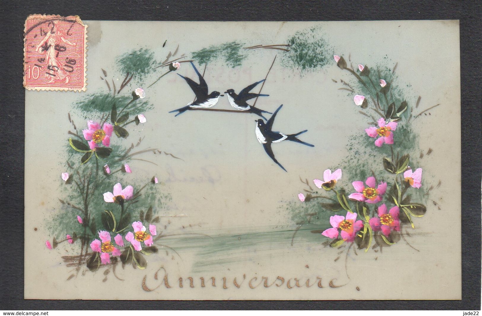 CPA FANTAISIE CELLULOID ANNIVERSAIRE - Peinte à La Main - Oiseau Hirondelle Balançoire Couronne Fleurs Paysage -#594 - Anniversaire