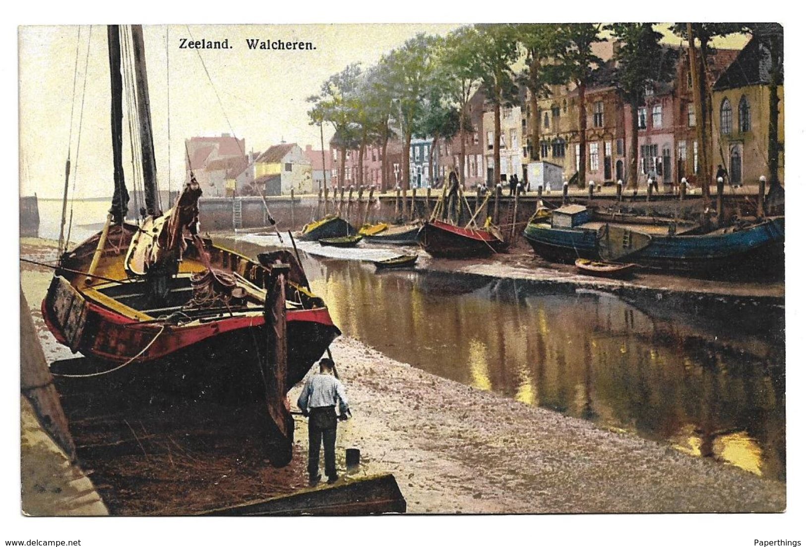 Old Colour Postcard, Netherlands, Holland, Zeeland Watcheren. Canal, Boats, Buildings. - Autres & Non Classés