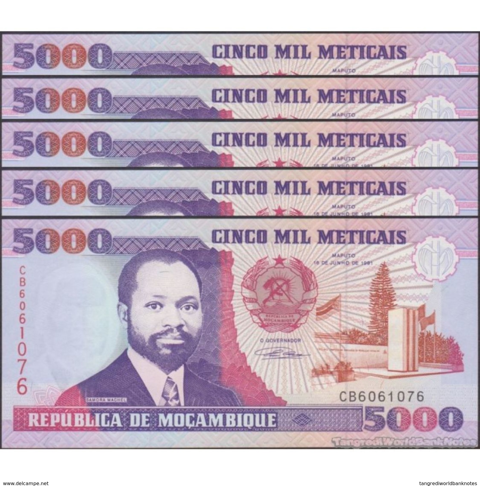 TWN - MOZAMBIQUE 136 - 5000 5.000 Meticais 16.6.1991 DEALERS LOT X 5 - Prefix CB UNC - Mozambique