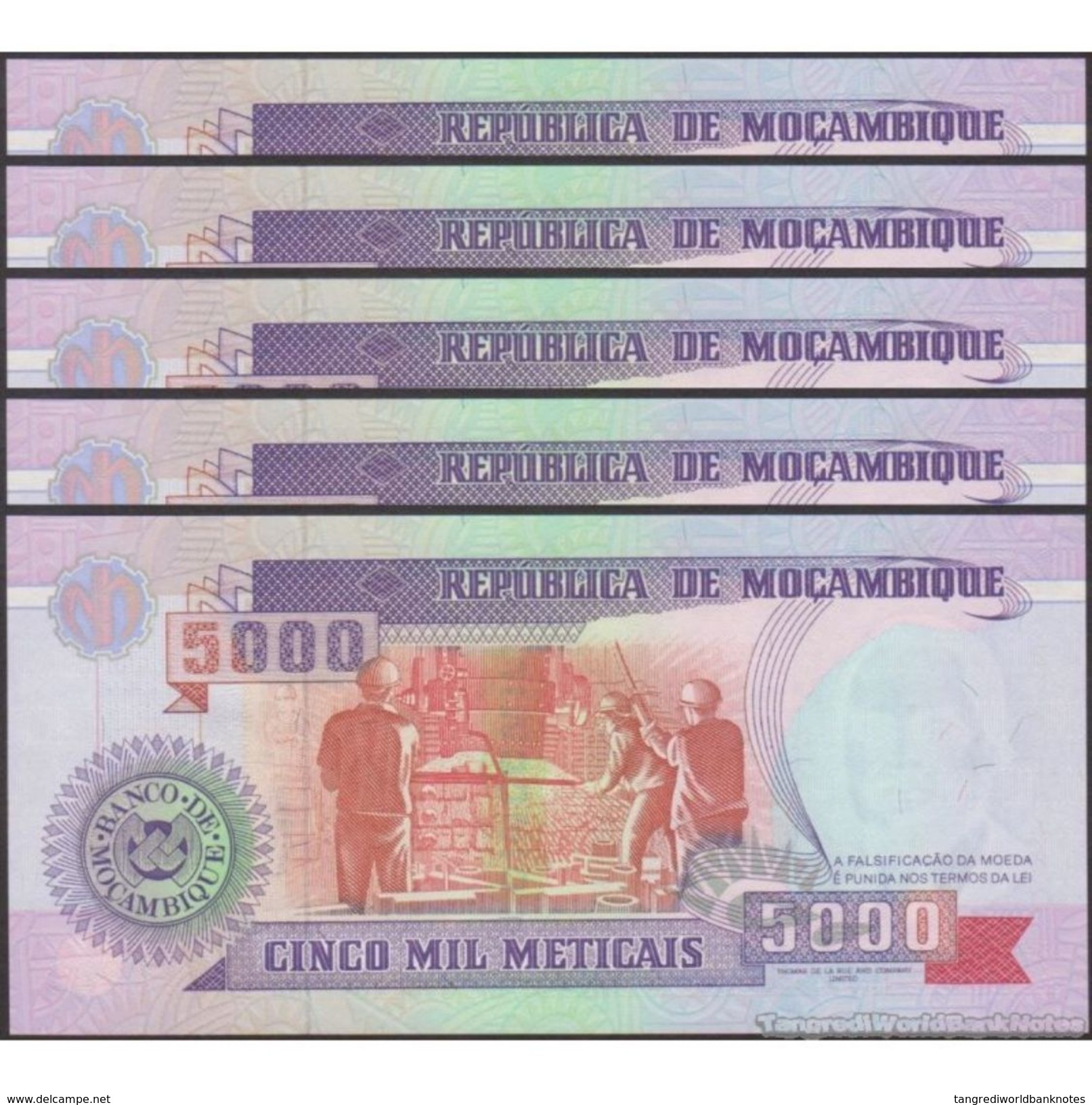 TWN - MOZAMBIQUE 136 - 5000 5.000 Meticais 16.6.1991 DEALERS LOT X 5 - Prefix CB UNC - Mozambico