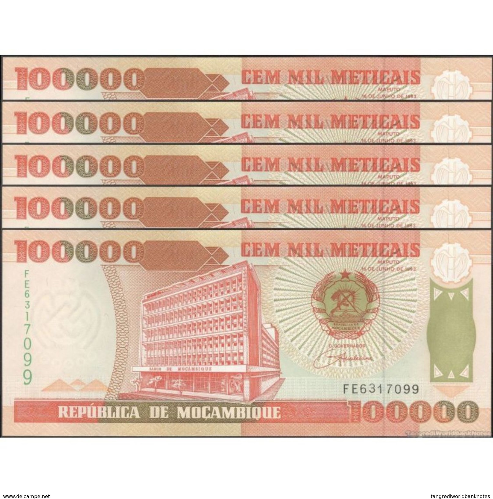 TWN - MOZAMBIQUE 139 - 100000 100.000 Meticais 16.6.1993 DEALERS LOT X 5 - Prefix FE UNC - Mozambico