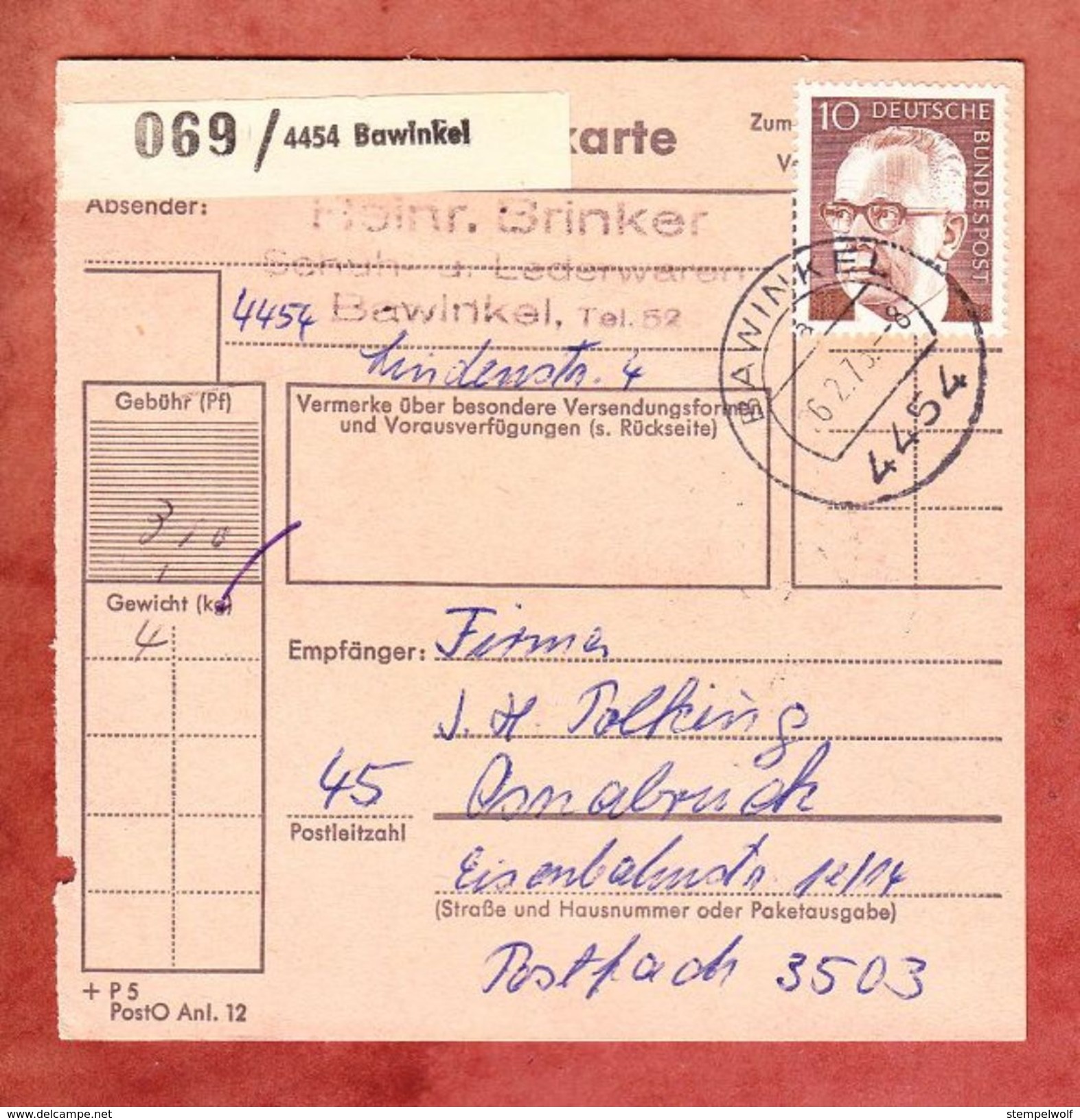 Paketkartenteil, MiF Heinemann, Bawinkel Nach Osnabrueck 1975 (45254) - Briefe U. Dokumente