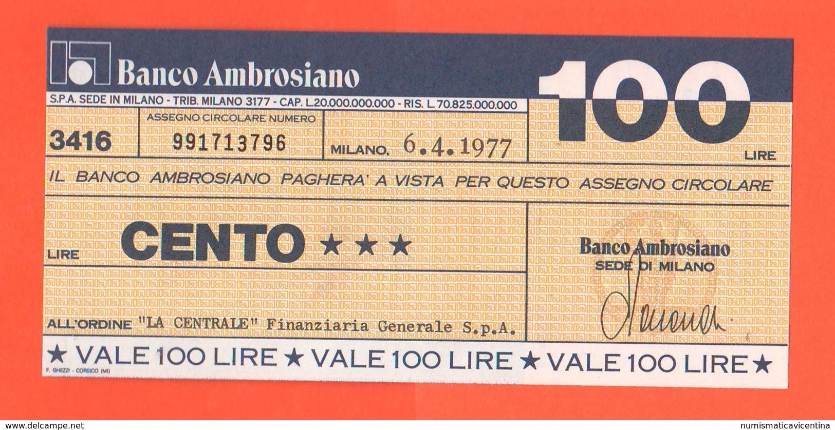 Miniassegno Banco Ambrosiano  100 Lire 1977 - [10] Assegni E Miniassegni