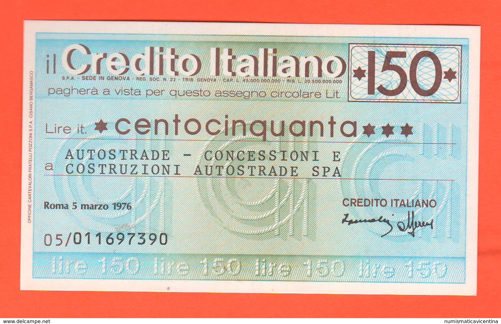 Miniassegno Banca Credito Italiano 150 Lire 1976 Autostrade - [10] Chèques