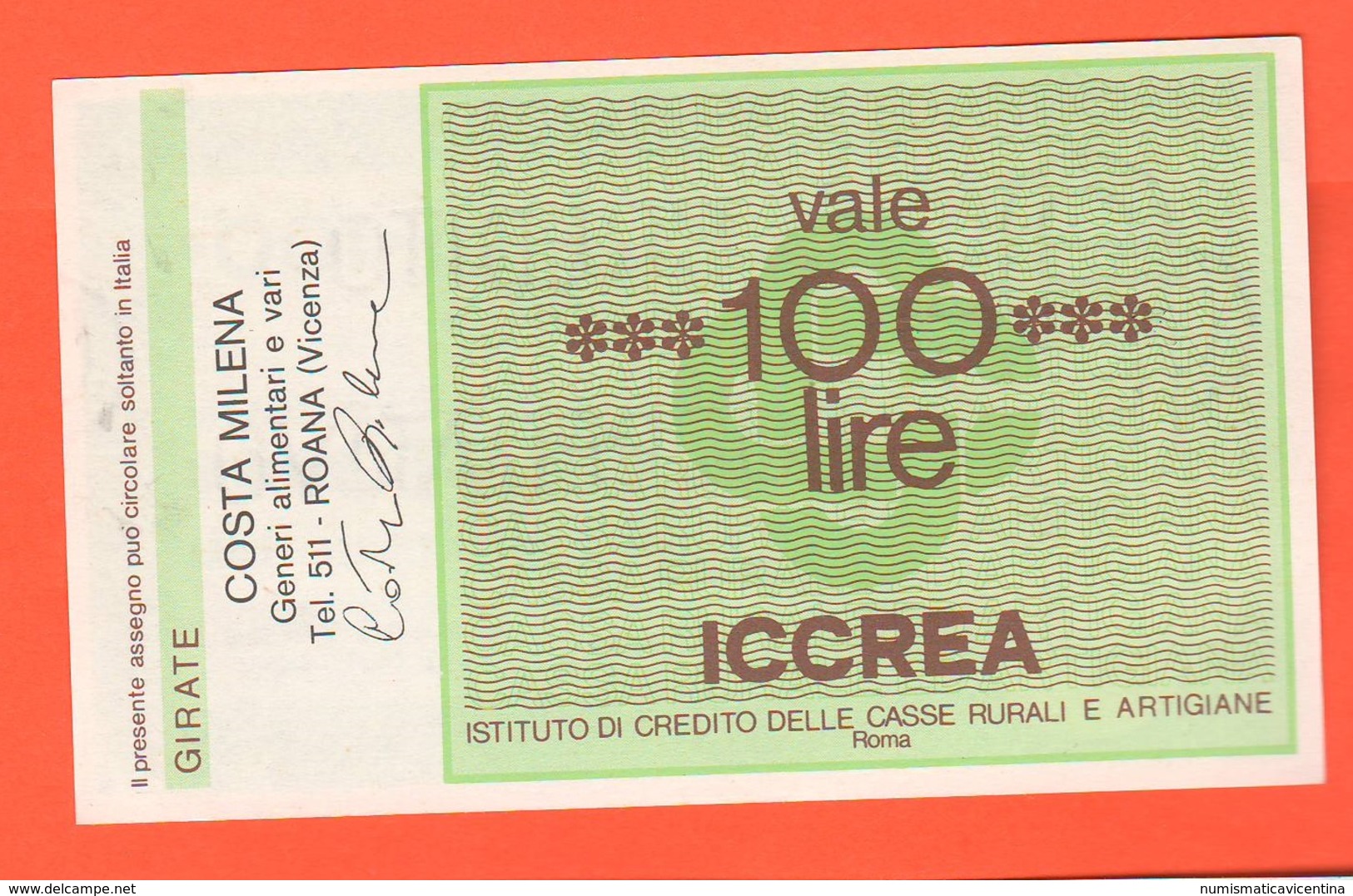 Miniassegno Banca Iccrea Roma 100 Lire 1977 Costa Milena Alimentari Roana Vicenza - [10] Assegni E Miniassegni