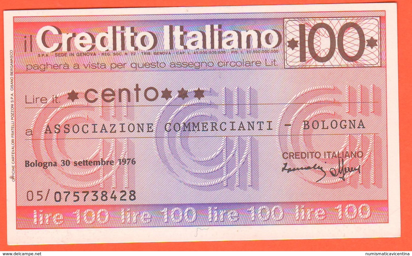 Miniassegno Banca Credito Italiano 100 Lire 1976 Commercianti Bologna - [10] Chèques