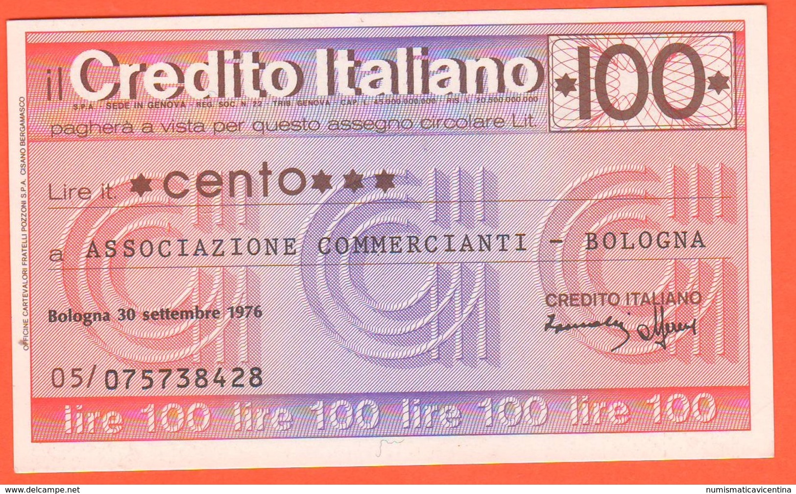 Miniassegno Banca Credito Italiano 100 Lire 1976 Commercianti Bologna - [10] Assegni E Miniassegni