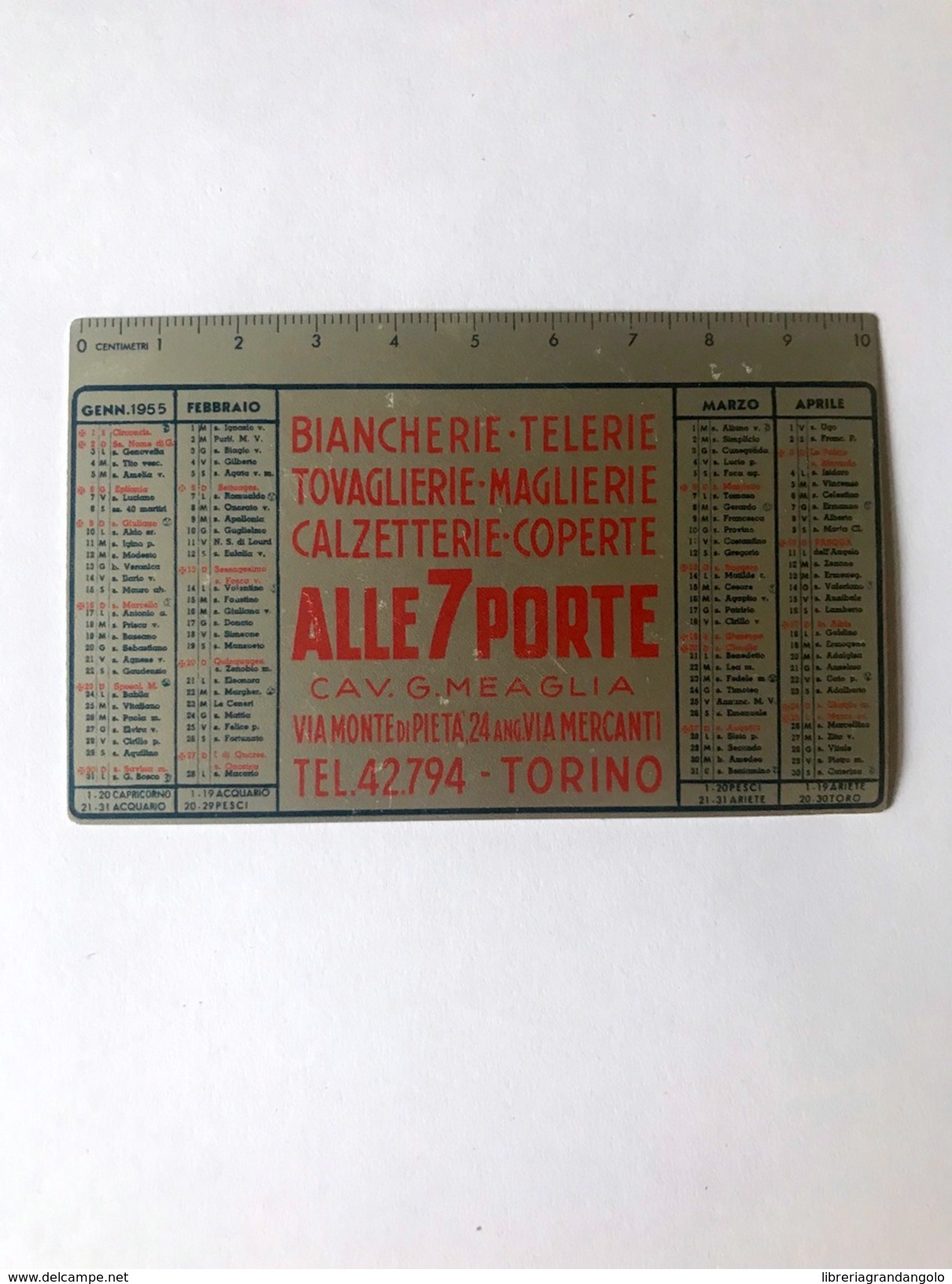 Calendarietto Alluminio Alle 7 Porte Meaglia Torino 1955 - Altri & Non Classificati