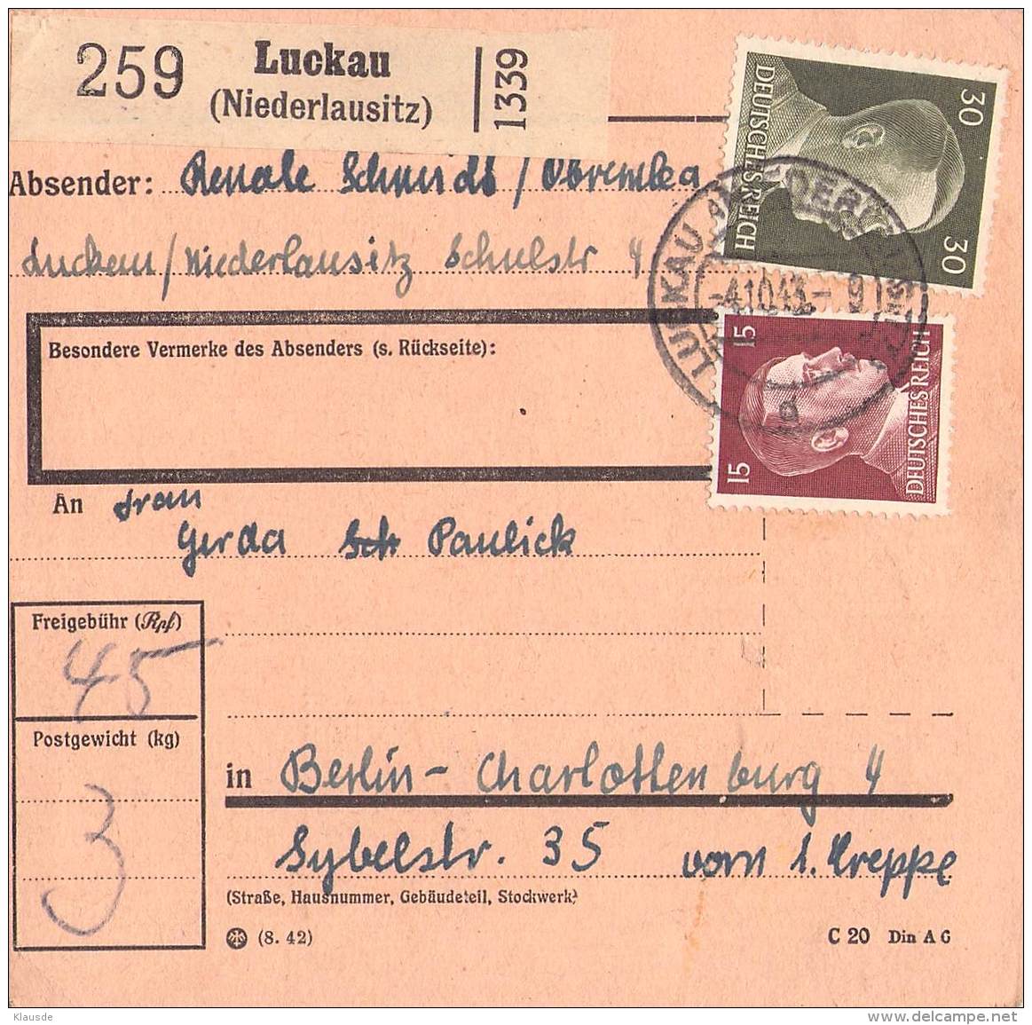 Paketkarte Luckenwalde (Niederlausitz) -4.10.43.-9 - Autres & Non Classés