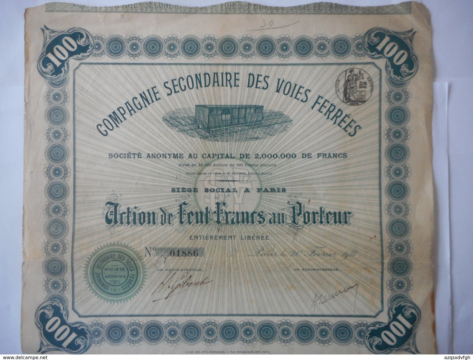 Cie SECONDAIRE Des VOIES FERREES  1911 PARIS - Chemin De Fer & Tramway