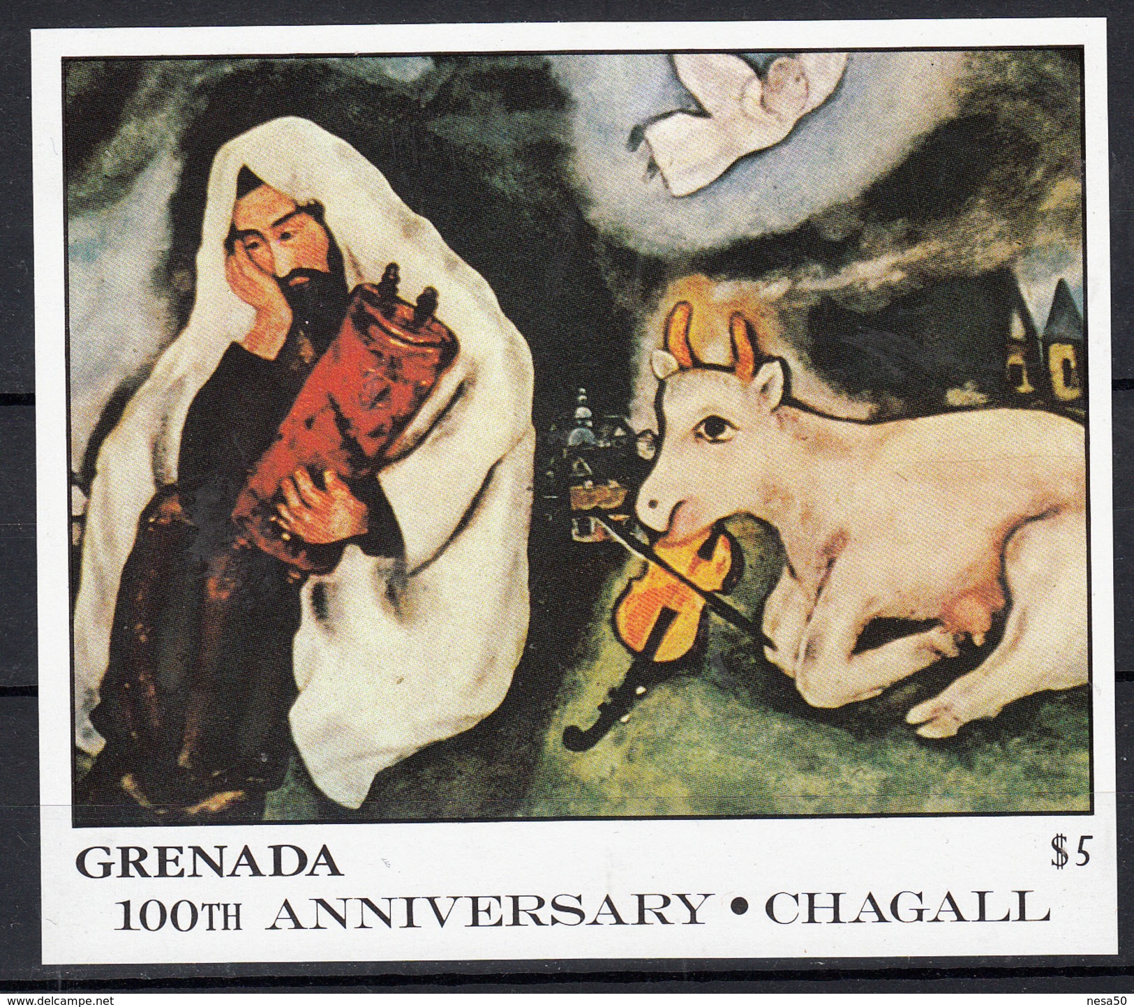 Grenada 1986 Mi Nr Blok 179 , Schilder Marc Chagall ; De Droom, Cow, Engel - Grenada (1974-...)