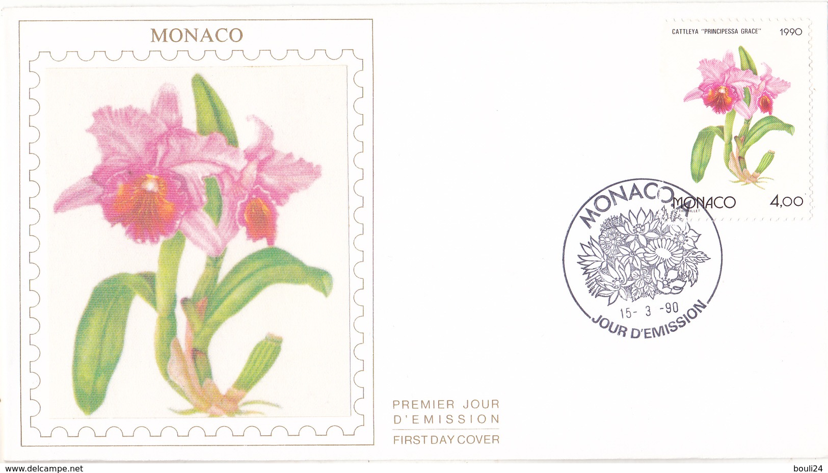 MONACO  FDC SUR SOIE PREMIER JOUR  1990 FLEUR CATTLEYA  PRINCESSE GRACE - FDC