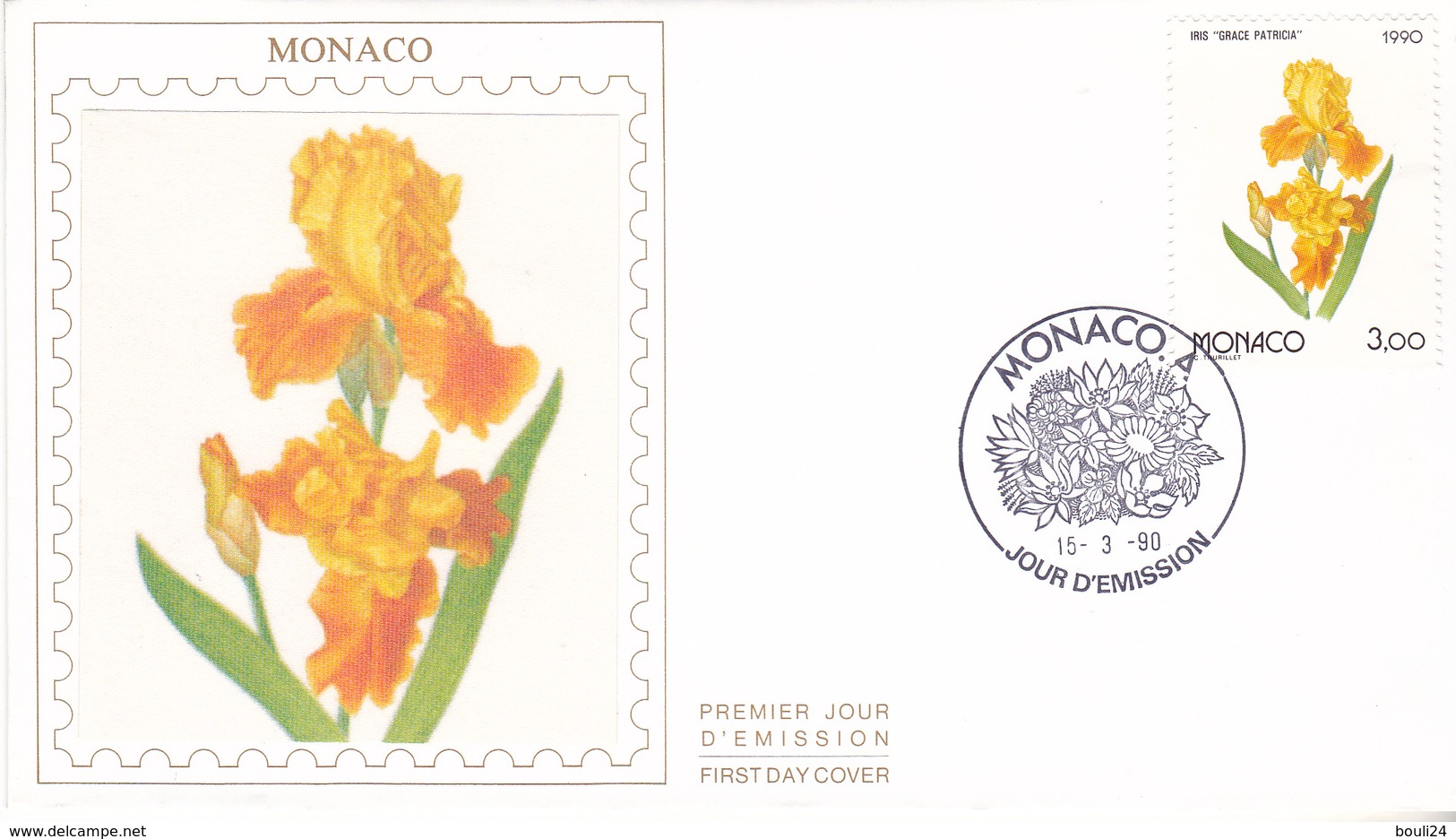 MONACO  FDC SUR SOIE PREMIER JOUR  1990 FLEUR IRIS   GRACE PATRICIA - FDC