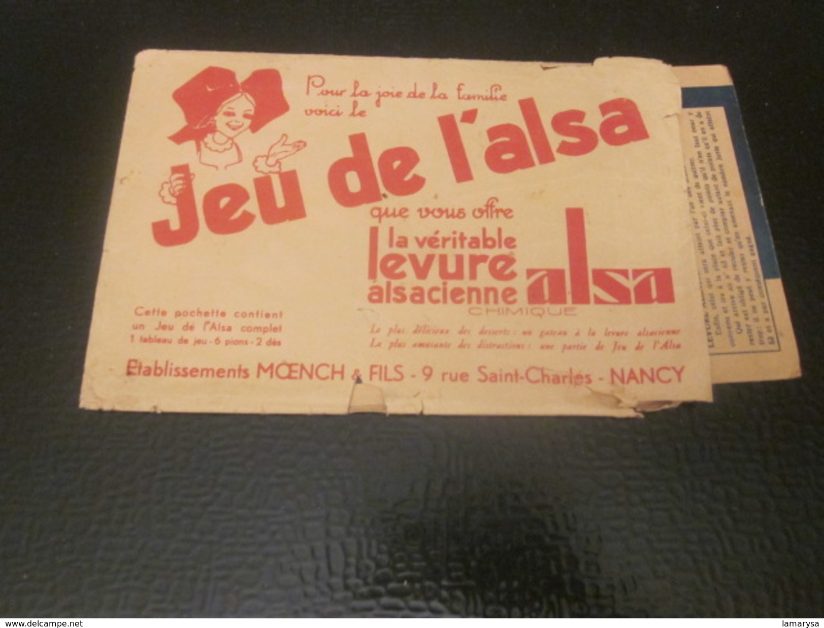 Vintage"Jeu de L'ALSA" années 50+Règle du jeu-Dépliant publicitaire Levure Alsacienne Nancy+enveloppe originale protecti