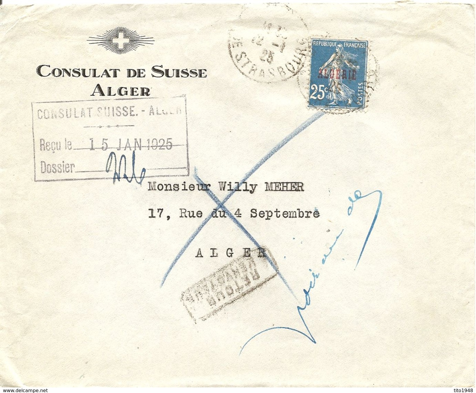 Algier, 1925, Mi Nr. 10 Overprint, Cover From Alger, Local Use, Inconnu, Retour See Scan - Sonstige - Afrika