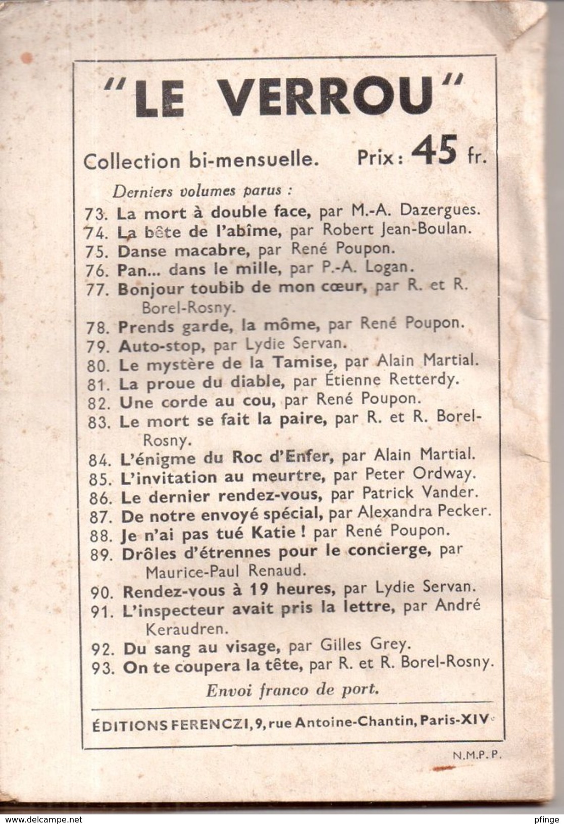 On Te Coupera La Tête Par R Et R Borel-Rosny - Le Verrou N°93 - Ferenczi