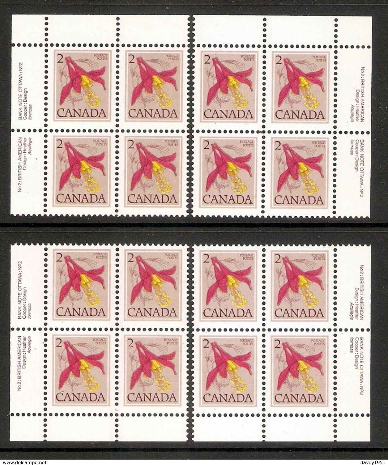 006106 Canada 1979 2c Plate Block 2 Set MNH - Plate Number & Inscriptions