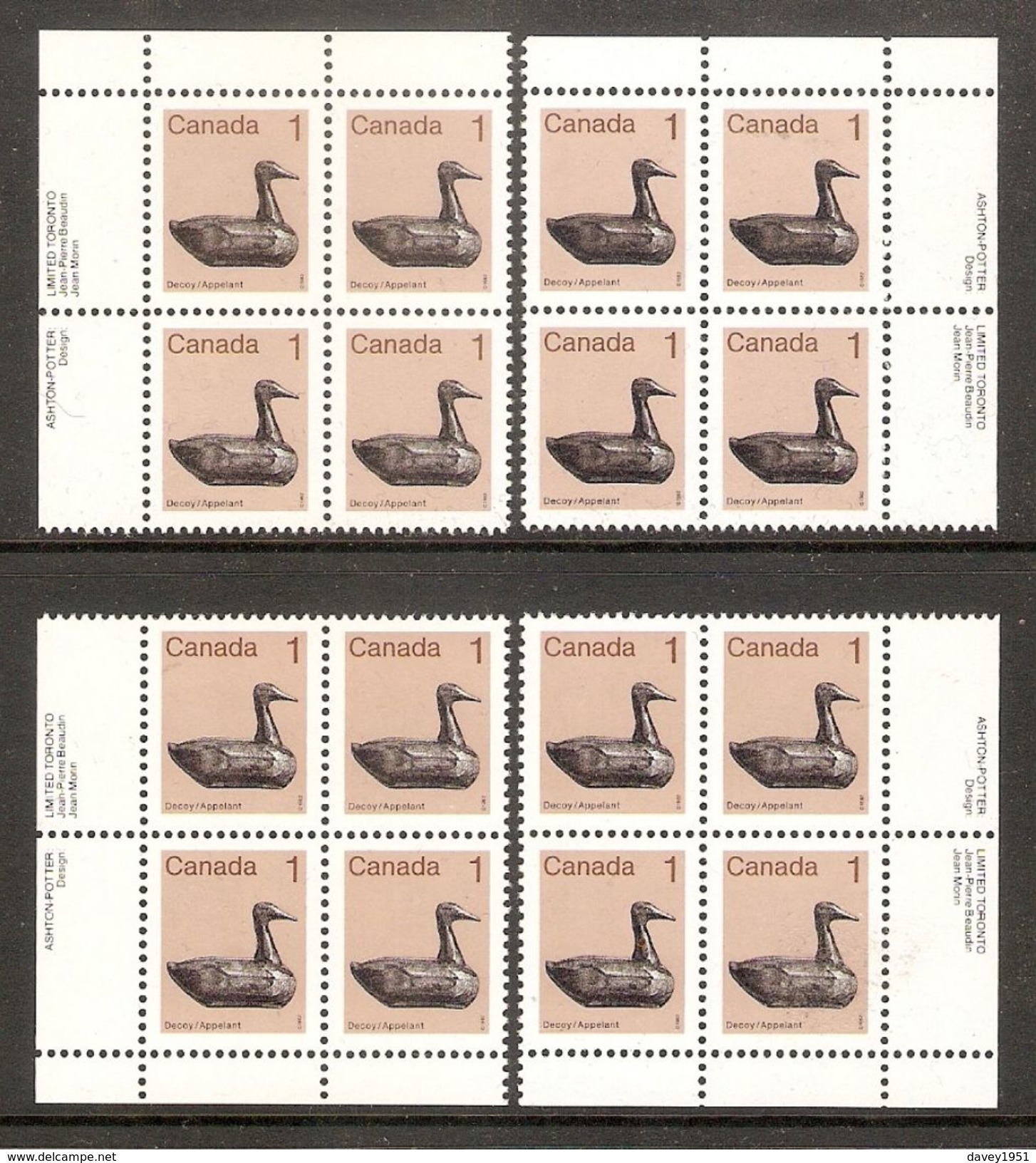 006113 Canada 1982 1c Plate Block Set MNH - Plate Number & Inscriptions