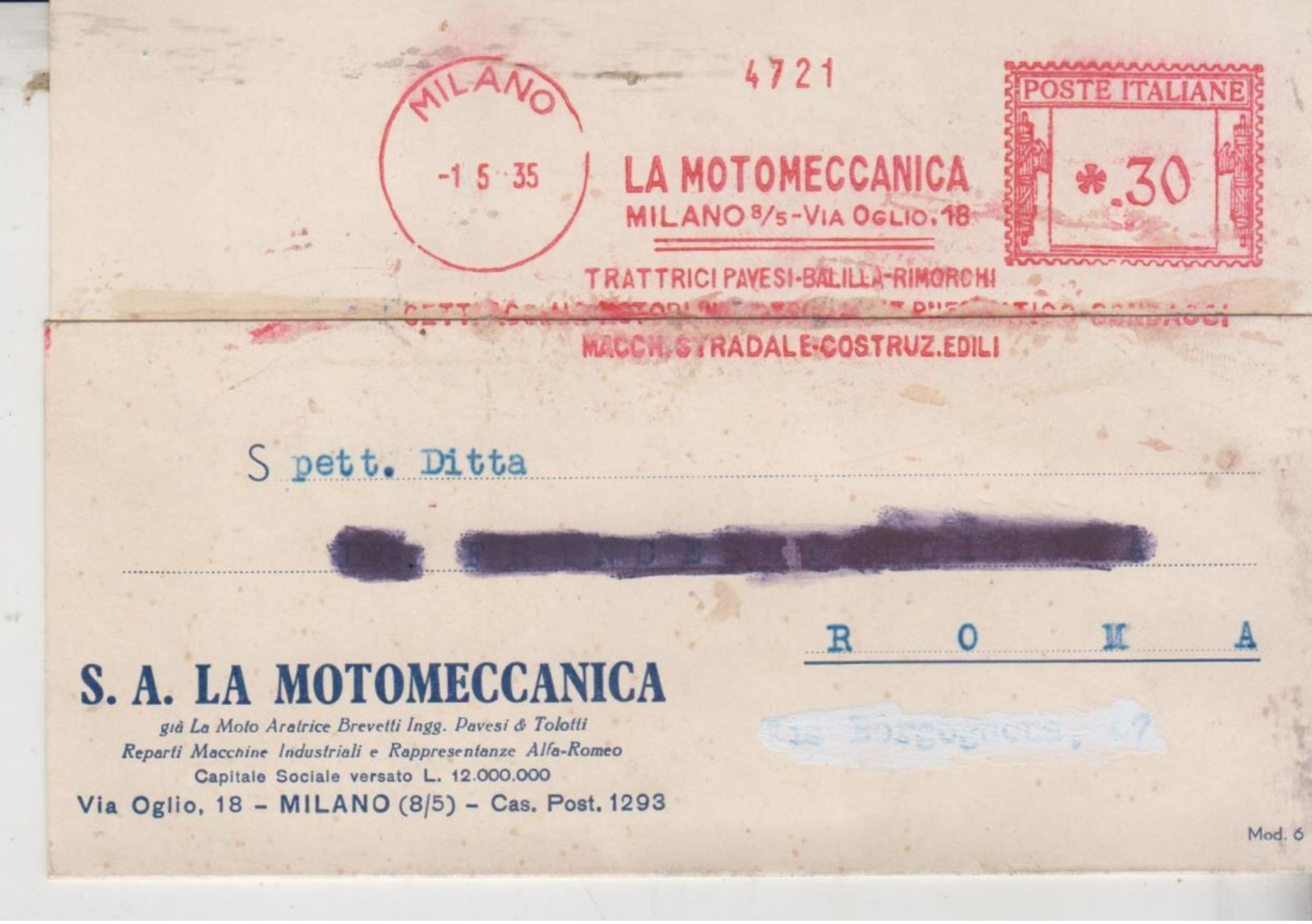 Ema Affrancature Meccaniche Rosse 1935 Milano La Motomeccanica - Máquinas Franqueo (EMA)