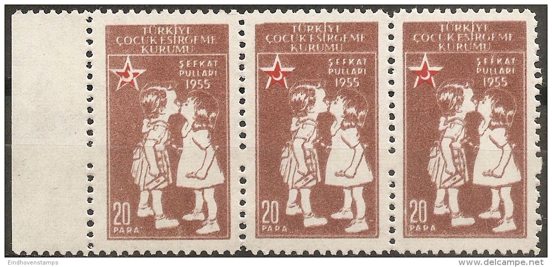 Turkey 1955 20 Para Brown - Brown Print Double, Half Crescent Welfare Strip Of 3, Child Care TW55-01b3 - Timbres De Bienfaisance