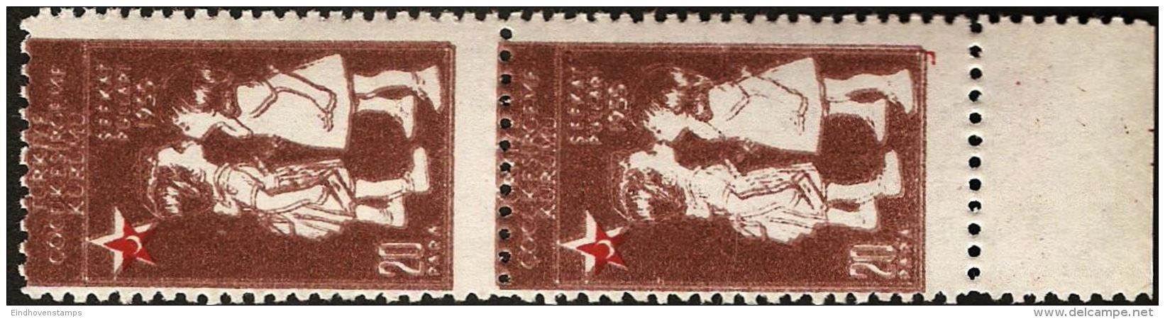 Turkey 1955 20 P Brown- Brown, Half Crescent Welfare Pair, Single Set-off Brown Print On Back Chilld Care TW55-01b2 - Charity Stamps