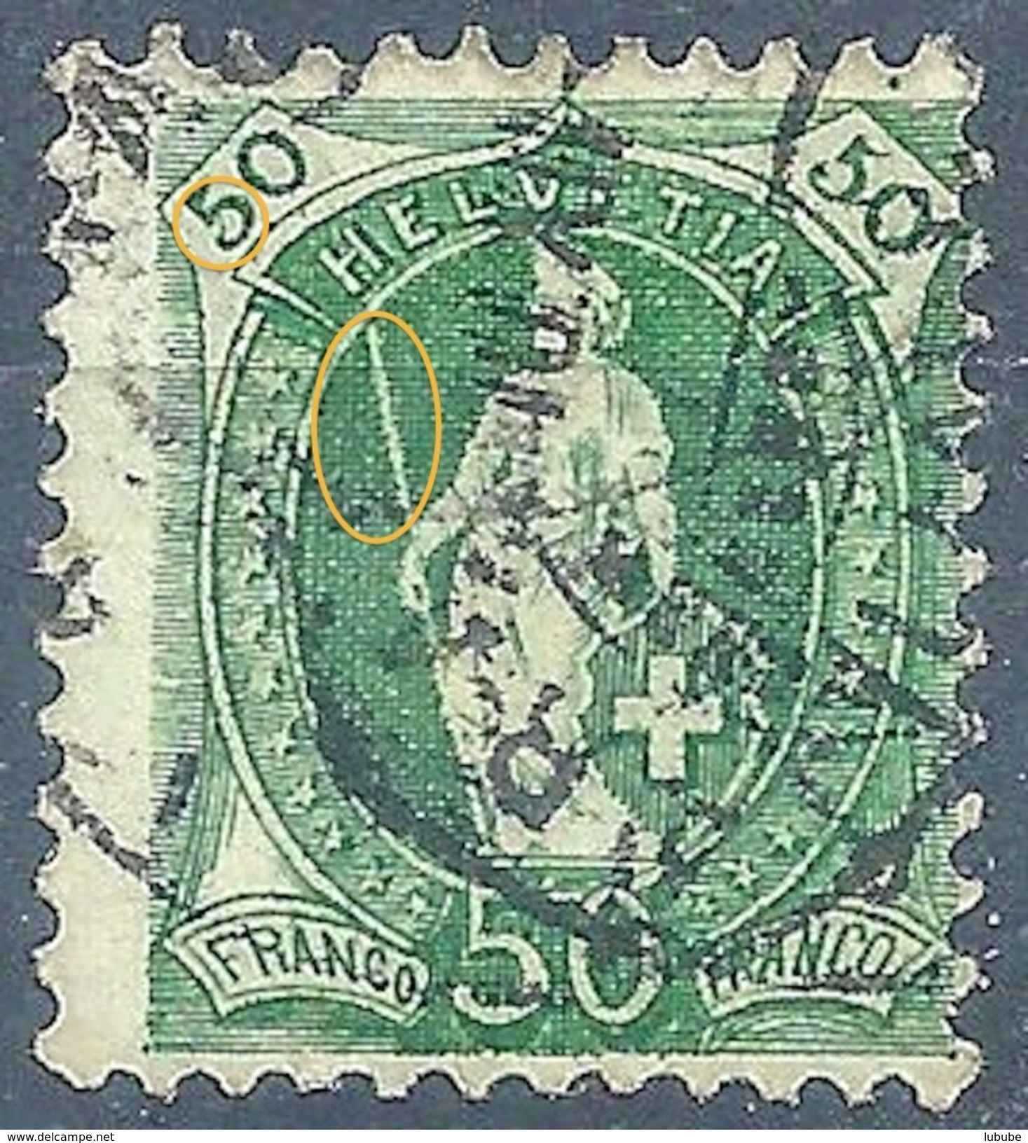 Stehende Helvetia 90A, 50 Rp.grün  RETOUCHE         1905 - Gebraucht