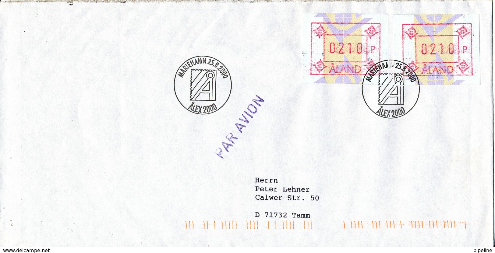 Aland Cover With ATM Frama Labels Sent To Germany Mariehamn 25-8-2000 - Ålandinseln