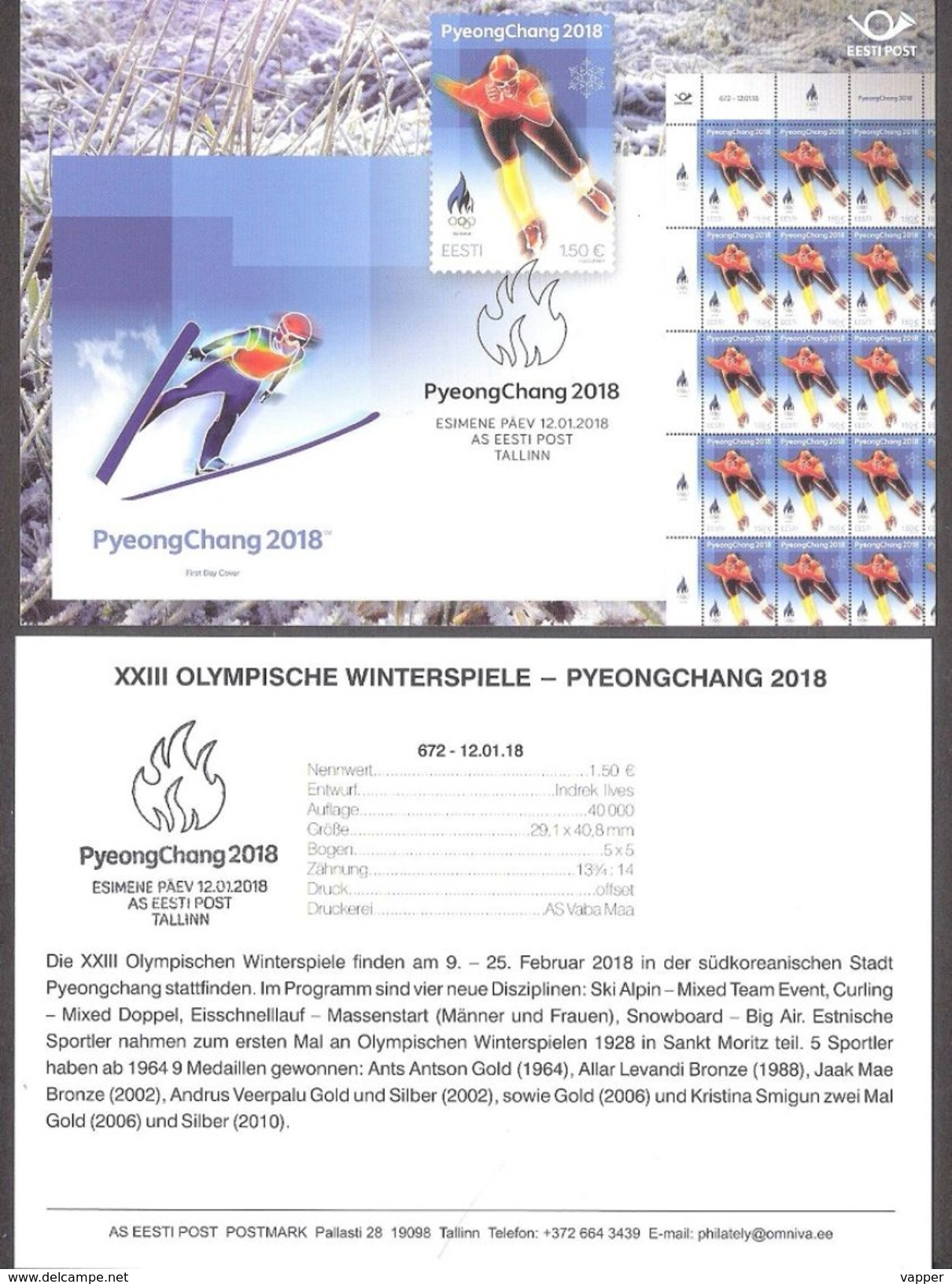 Olympic Estonia 2018 Stamp  Winter Olympic Games In PyeongChang Presentation Card (germ) Mi 911 - Hiver 2018 : Pyeongchang