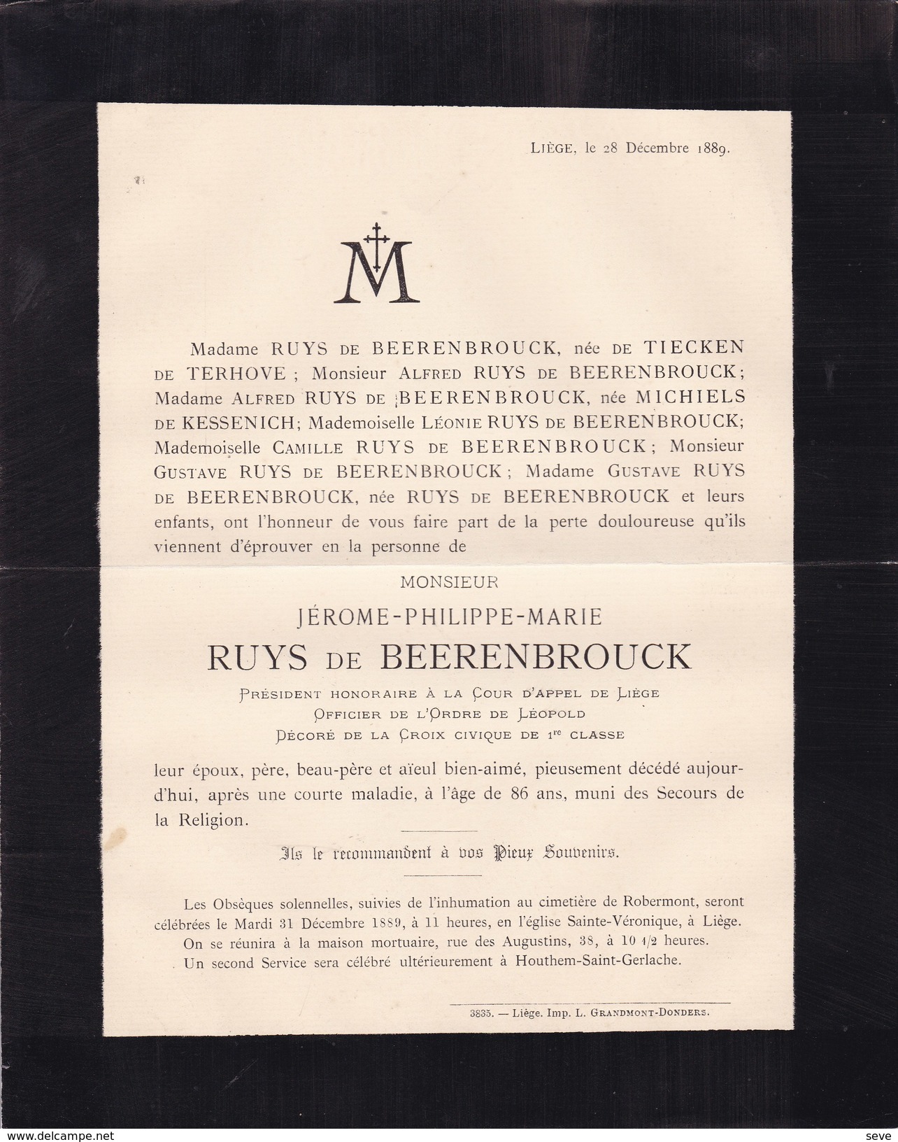 HOUTHEM-SAINT-GERLACHE LIEGE Jérome RUYS De BEERENBROUCK Président Cour D'appel De Liège 86 Ans 1889 De TIECKEN - Obituary Notices