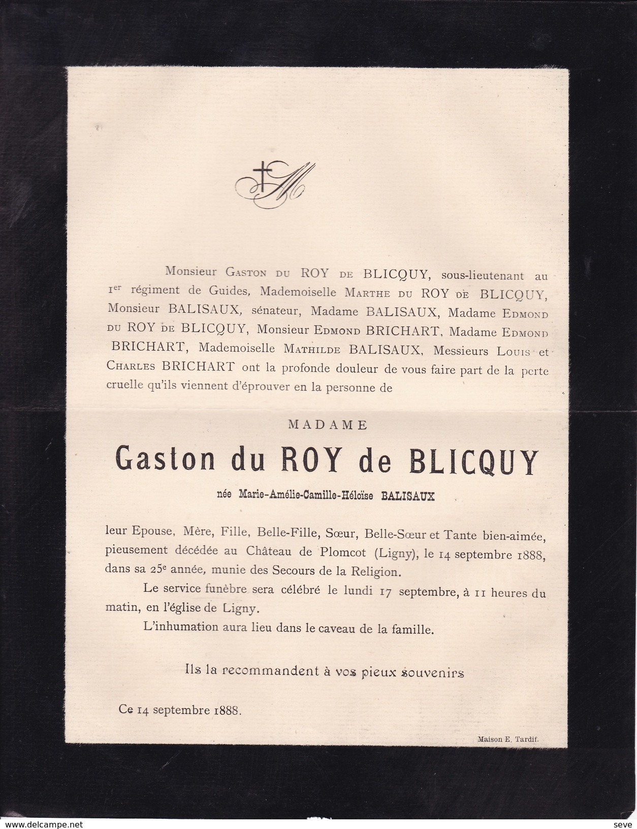 Château De PLOMCOT LIGNY Marie BALISAUX épouse Gaston Du ROY De BLICQUY 25 Ans 1888 Famille BRICHART - Obituary Notices