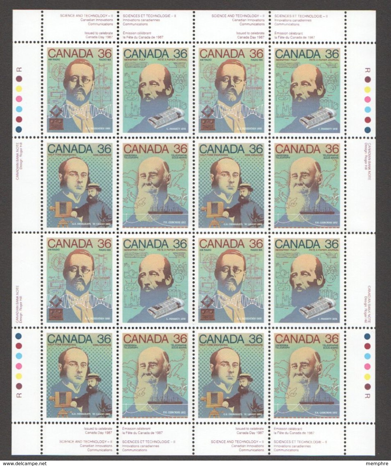 1987  Canadian Inventors: AM Radio, Newsprint, Half-tone, Undersea Cable  Sc1135-8 Se-tenant MNH ** - Ganze Bögen