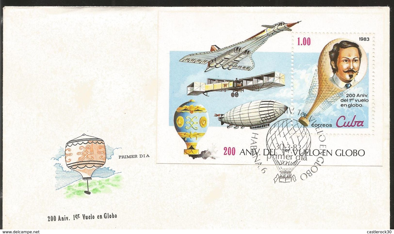 J) 1983 CUBA-CARIBE, 200TH ANNIVERSARY OF THE FIRST FLIGHT IN GLOBE, CONCORDE, FDC - Brieven En Documenten