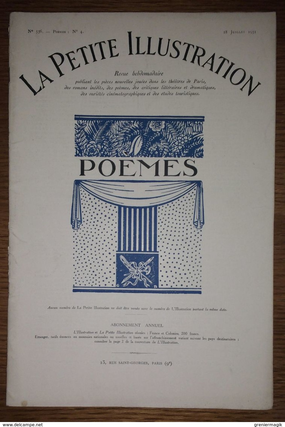 La Petite Illustration N°536 1931 - Poésies N°4 - Poèmes - Pierre Benoit - Maurice Brillant - Pierre Camo - Jean Rameau - French Authors