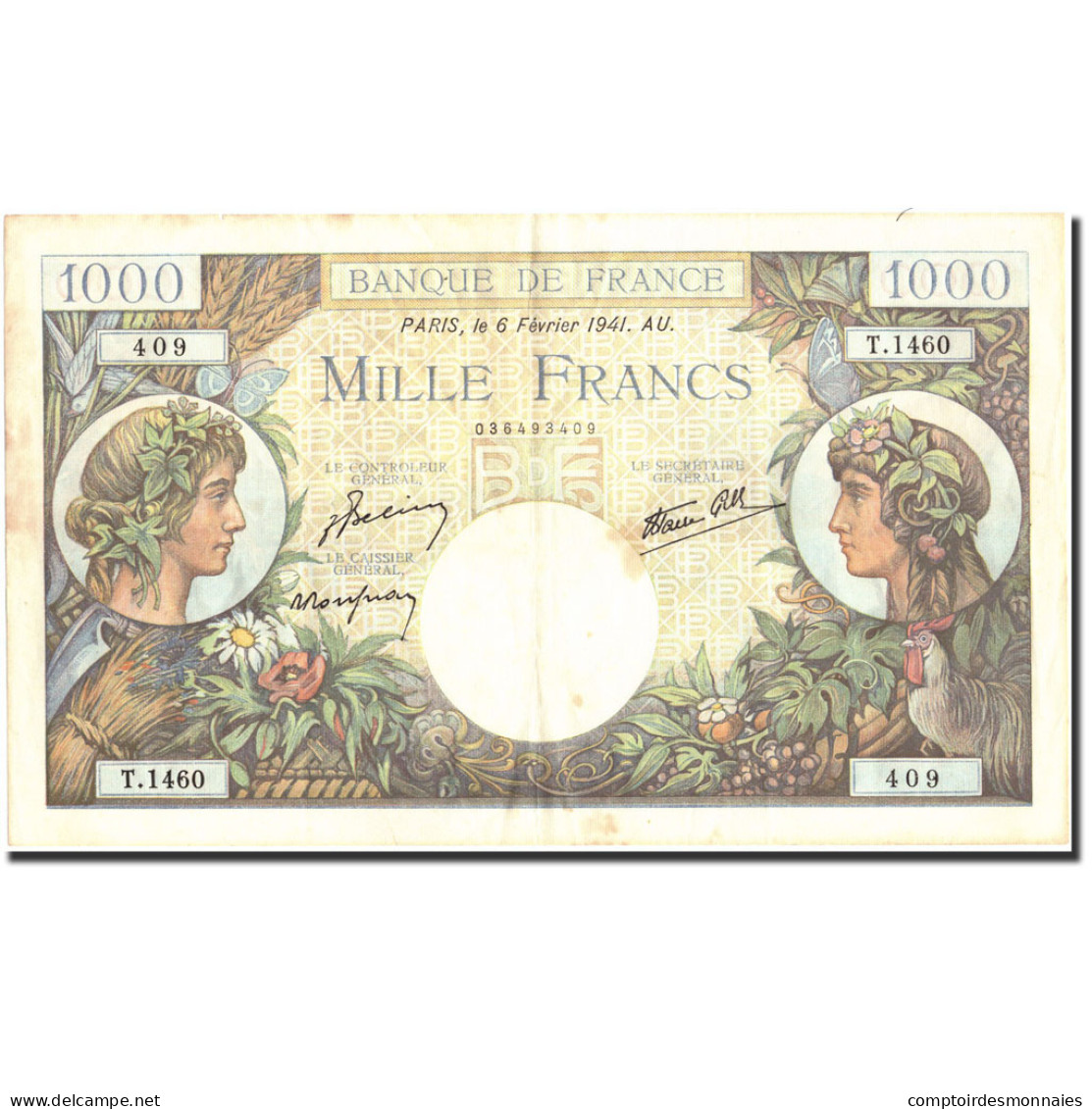 France, 1000 Francs, 1 000 F 1940-1944 ''Commerce Et Industrie'', 1941 - 1 000 F 1940-1944 ''Commerce Et Industrie''