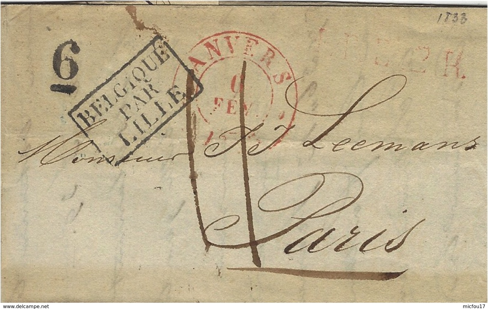 1833 - Lettre D'ANVERS  Cad Rouge  Taxe 11 + 6  D  Pour Paris -entrée BELGIQUE /PAR/LILLE Noir - 1830-1849 (Belgique Indépendante)