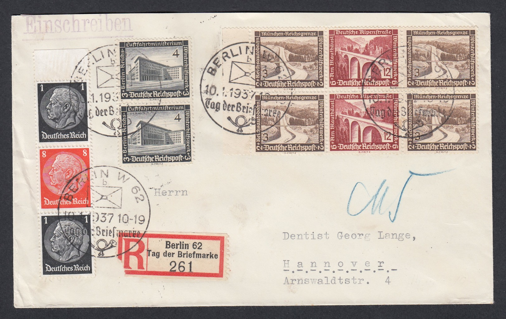 DR Einschreiben Sonderstempel Sonder R-Zettel Tag Der Briefmarke Zusammendruck ZD Randstück 1937 Berlin -> Hannover K592 - Brieven En Documenten