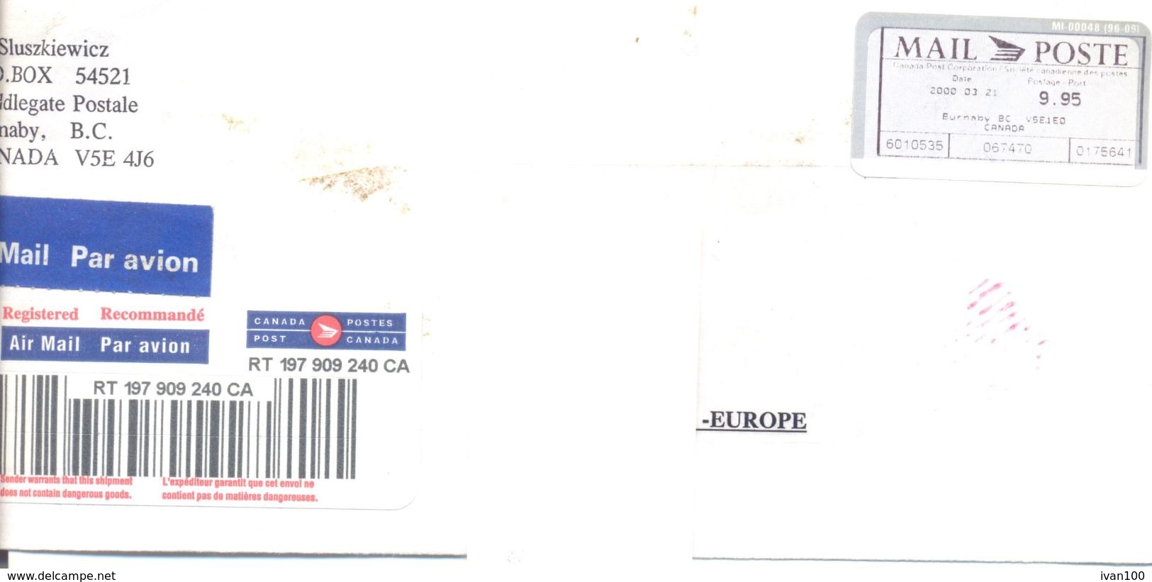 2000. Canada, The Letter Sent By Registered Air-mail Post To Moldova - Lettres & Documents