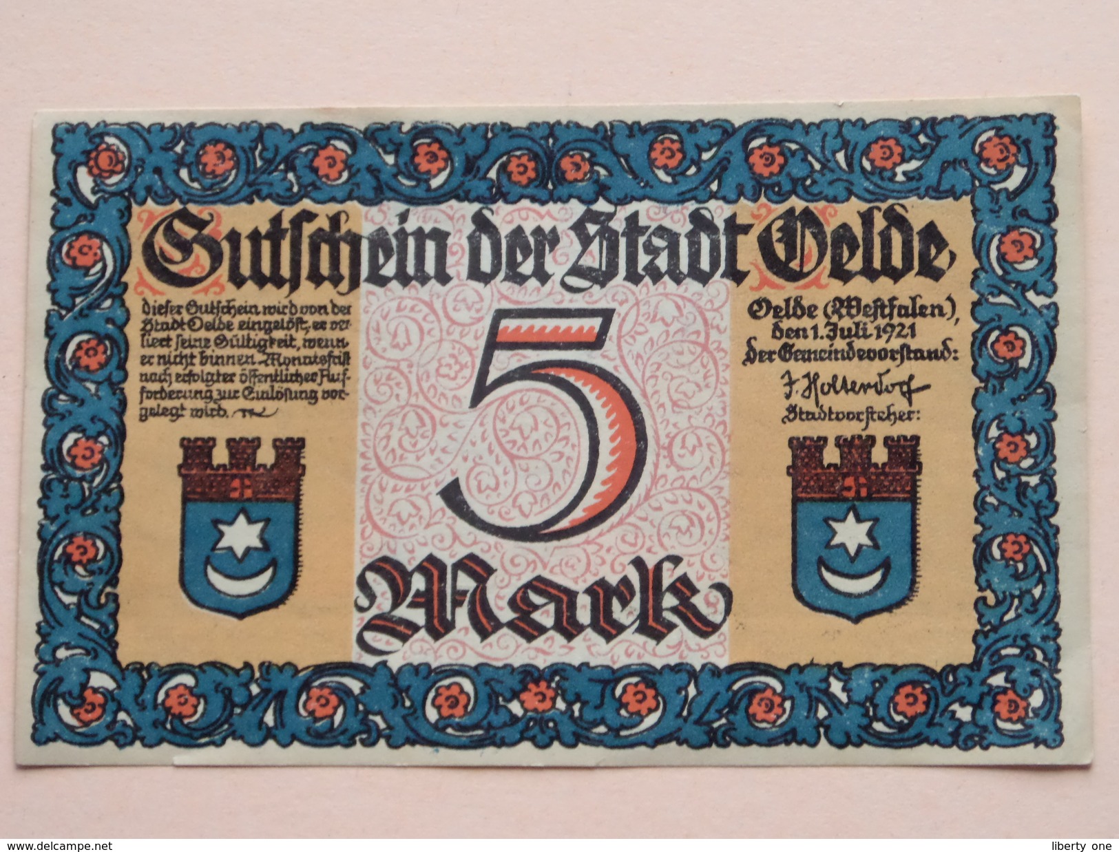 GUTSCHEIN Der STADT VELDE - 5 MARK NOTGELD - 1921 ( Details Zie Foto ) ! - [11] Emissioni Locali