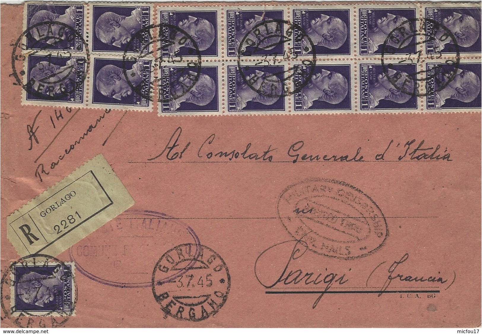 1945- Enveloppe RECC. Da GORLAGO ( Bergamo )affr.  Unificato N° 462   1 Lit  X 15  Pour Paris - Poste Exprèsse