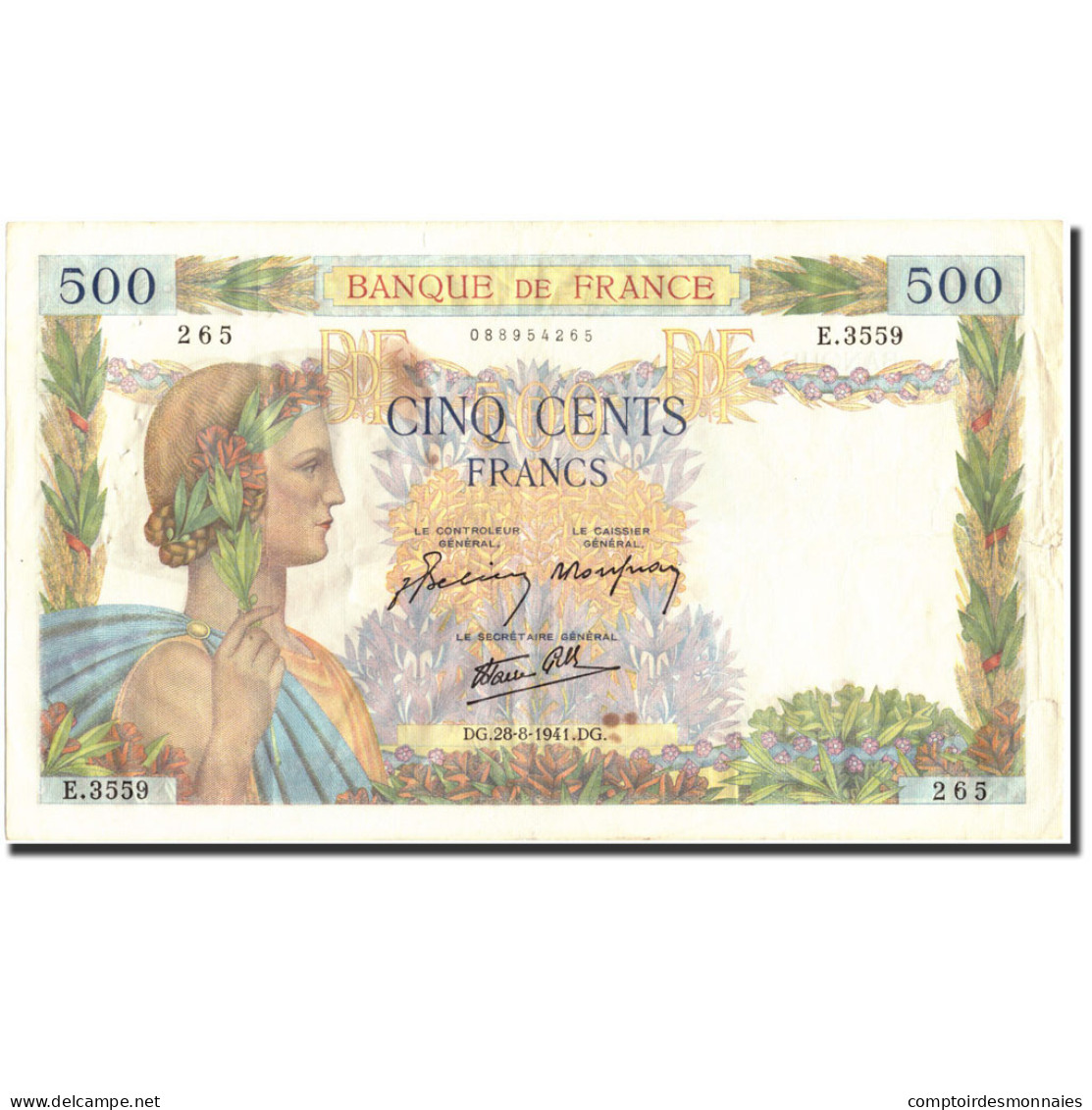 France, 500 Francs, 500 F 1940-1944 ''La Paix'', 1941, 1941-08-28, TTB+ - 500 F 1940-1944 ''La Paix''