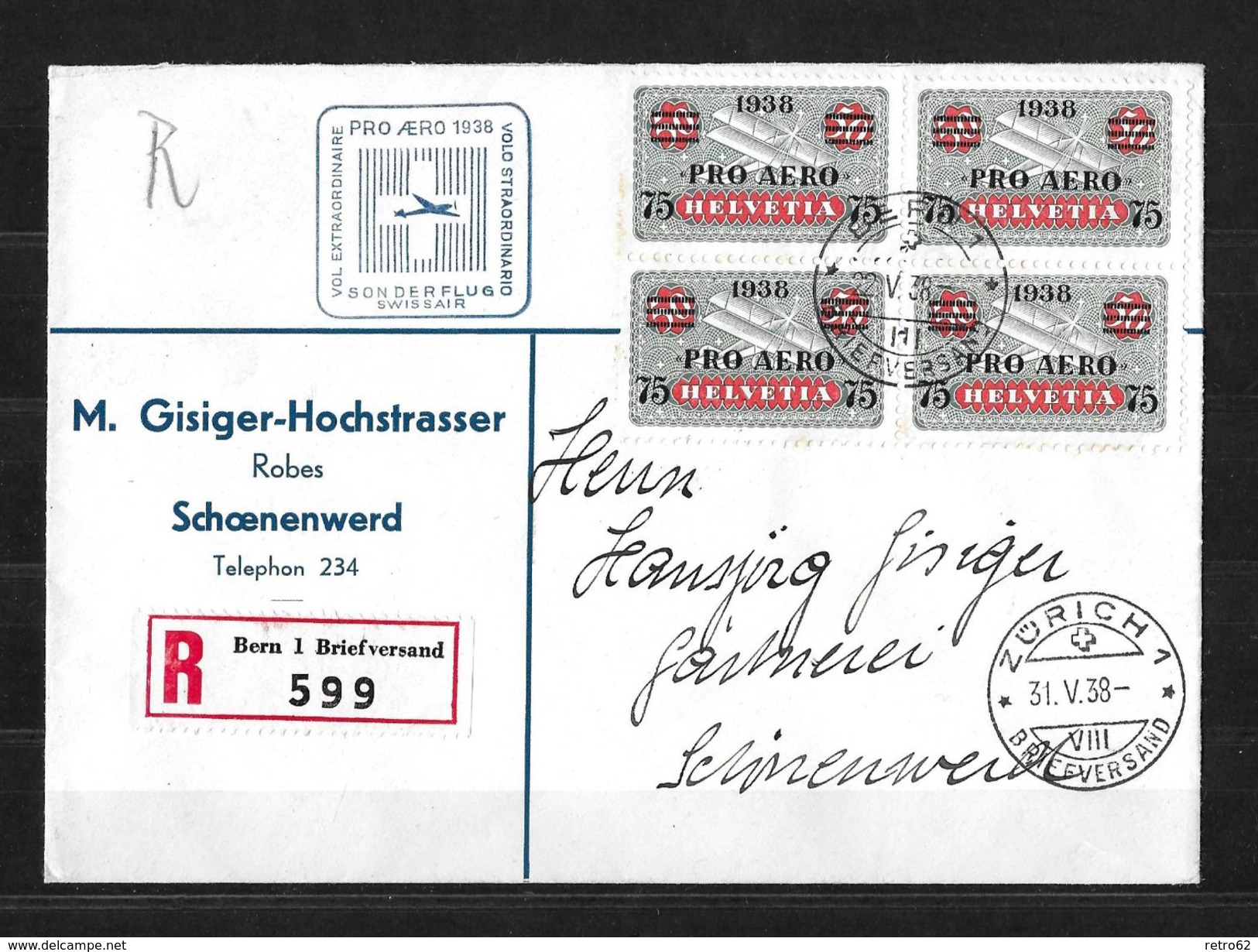 SONDERFLUG SWISSAIR PRO AERO 1938 → R-Beleg Stempelung Bern-Zürich-Schönenwerd ►SBK-F26 Viererblock◄ - Erst- U. Sonderflugbriefe