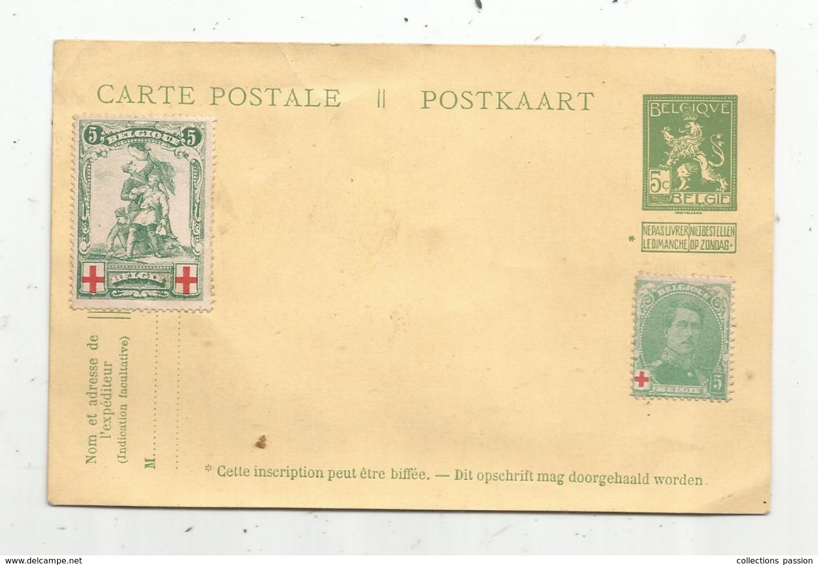 Entier Postal , NEUF , + 2 Timbres , BELGIQUE , BELGIE , Ne Pas Livrer Le Dimanche , Croix Rouge , Vierge - Cartes Postales 1909-1934