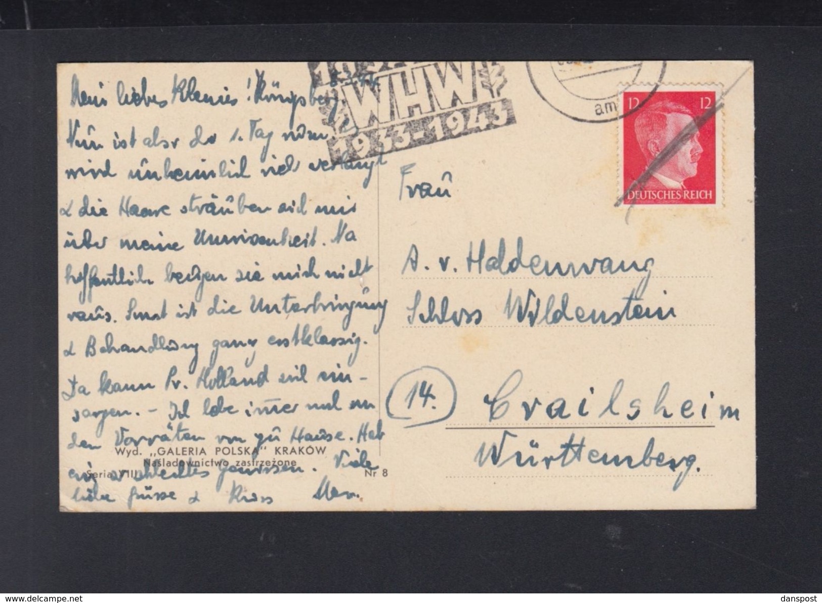 Dt. ReichPK 1943 WHW Und Zusätlich Handschriftlich Entwertet Maximilian Von Haldenwang An Ehefrau - Briefe U. Dokumente