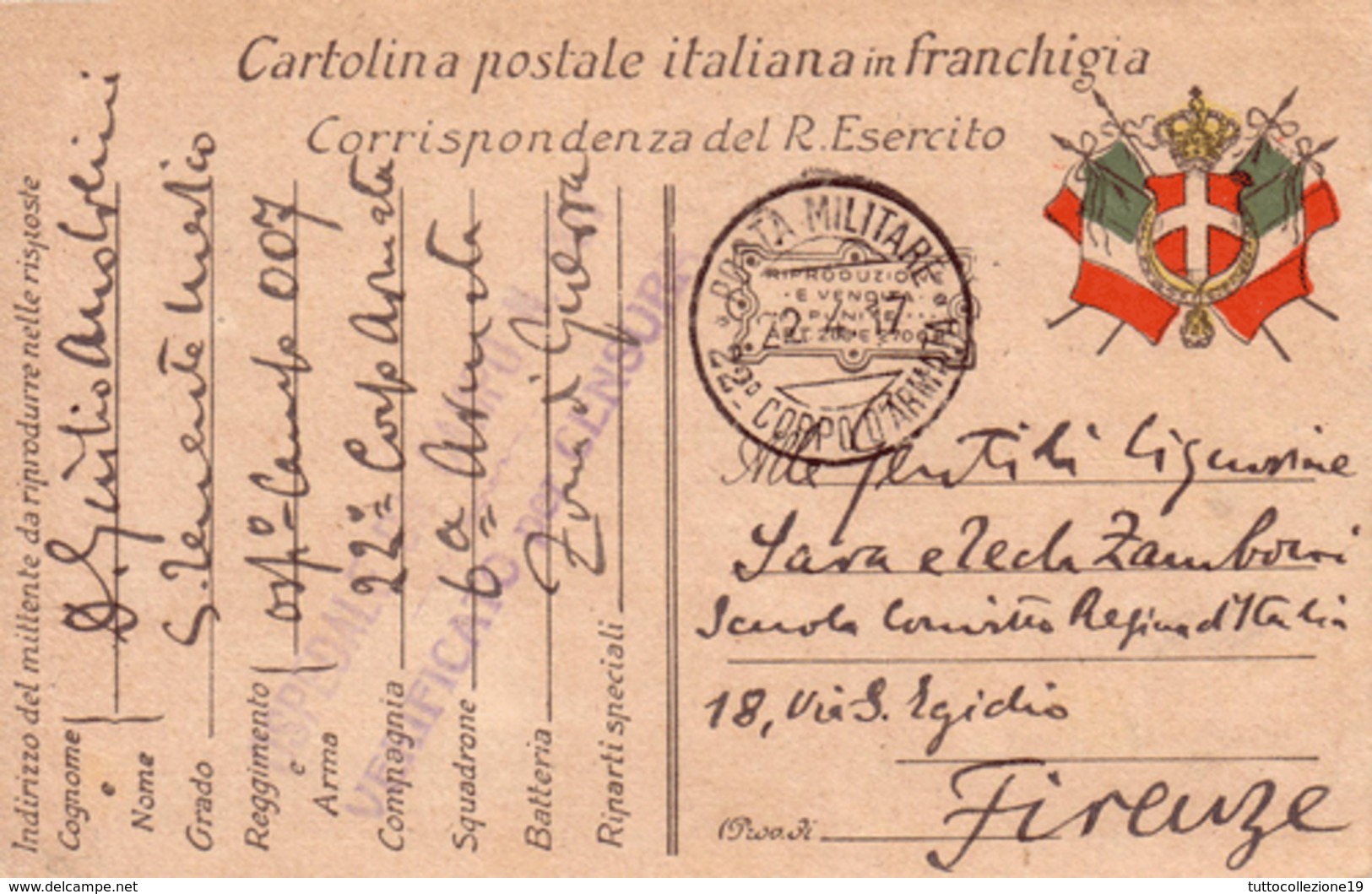VENDO N.1 CARTOLINA IN FRANCHIGIA CON POSTA MILITARE DEL 22 CORPO D' ARMATA,FORMATO PICCOLO - Guerra 1914-18