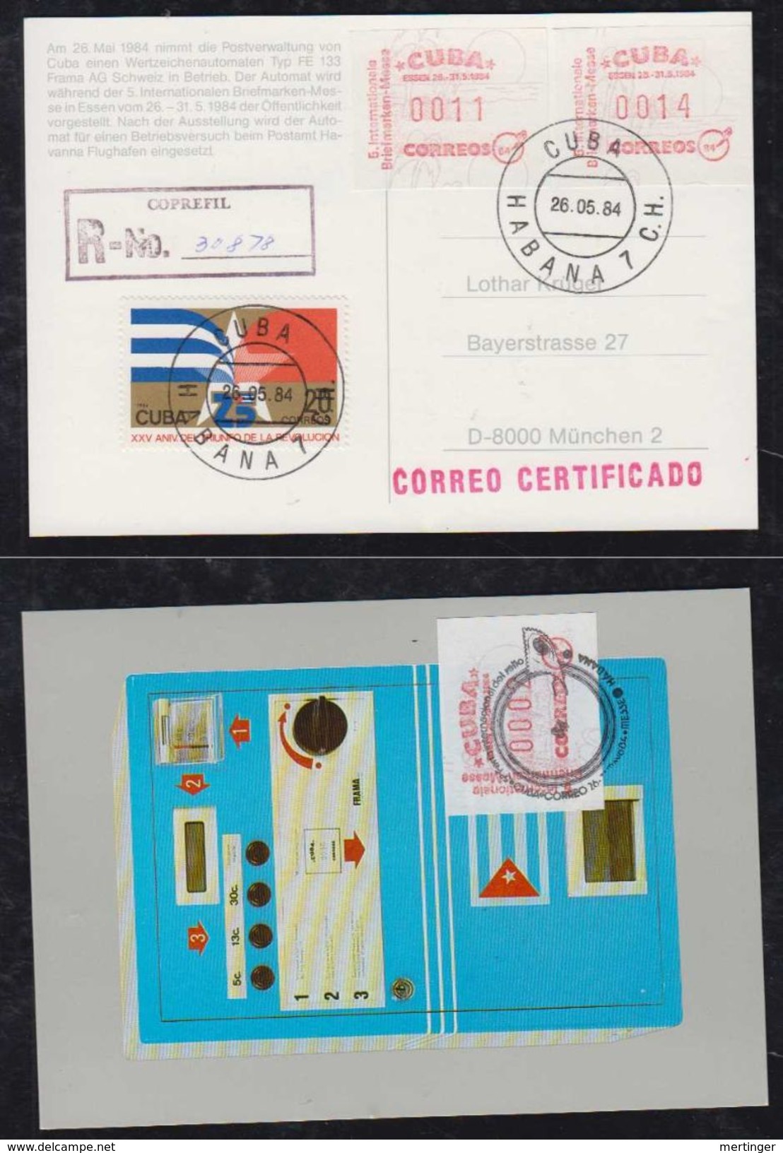 Kuba Cuba 1984 Registered Postcard With ATM Stamps To Munich Germany - Lettres & Documents