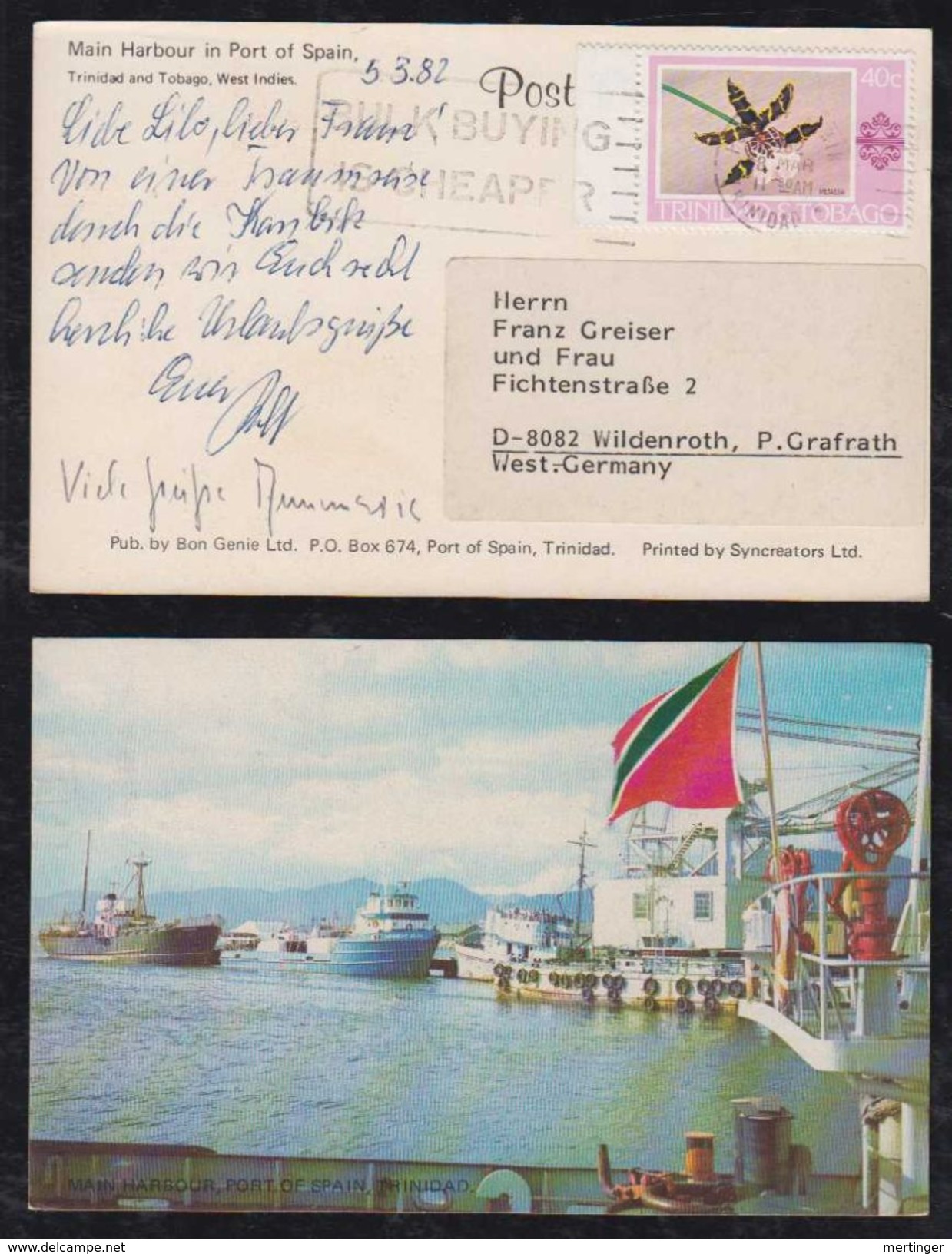 Trinidad 1982 Picture Postcard To WILDENROTH Germany Flower Stamp - Trinidad & Tobago (1962-...)