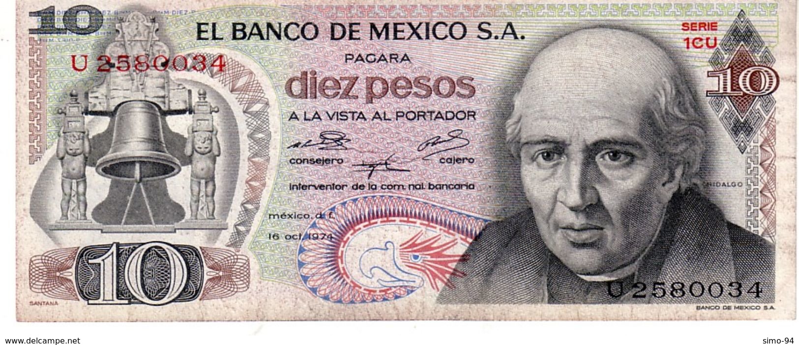 Mexico P.63  10 Pesos 1974 Vf - Messico