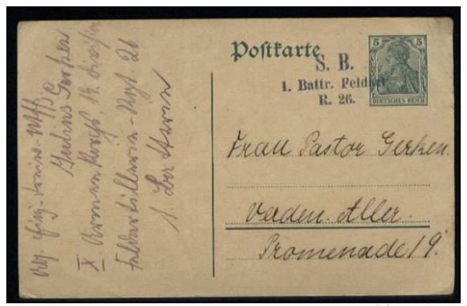 S5792 DR WW I Feldpost Germania GS Karte : Gebraucht Feldpost - Verden Aller 23.10.1914 ,Bedarfserhaltung. - Briefe U. Dokumente