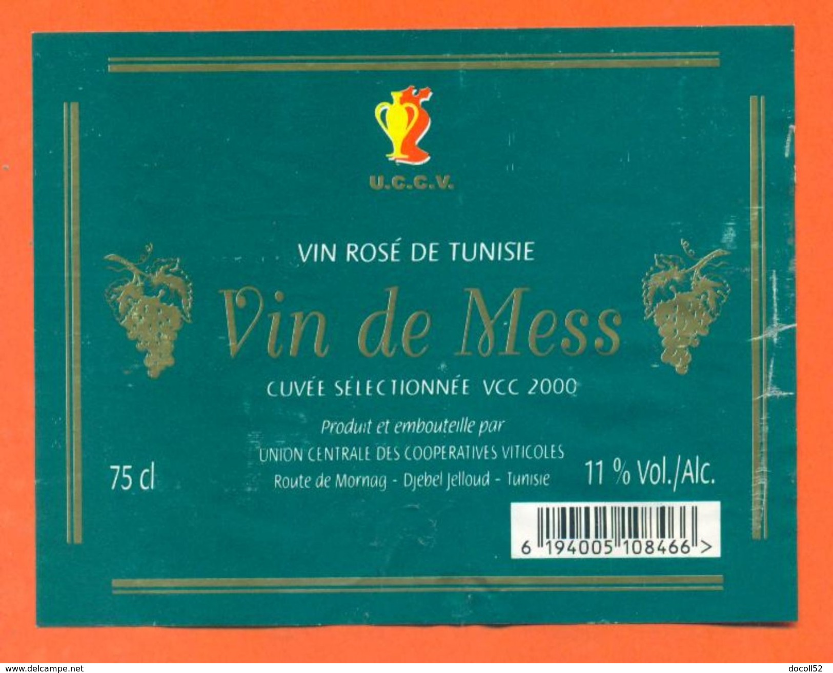 étiquette Vin Rosé De Tunisie Vin De Mess Cuvée Sélectionnée 2000 -11° - 75 Cl - Vino Rosato